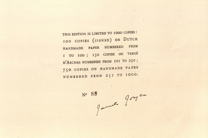 The inscription page from the first edition of Ulysses by James Joyce, published in Paris by Shakespeare and Company in 1922. The book was banned for a decade in the United States on obscenity charges.